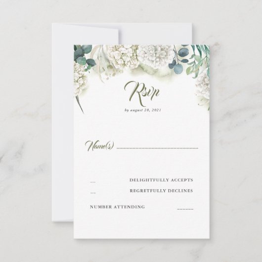 Groen en Witte Hydrangea Bruiloft RSVP (Voorkant)