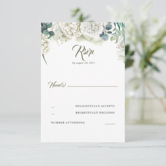 Groen en Witte Hydrangea Bruiloft RSVP (Staand voorkant)