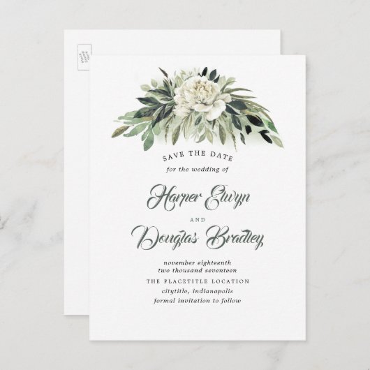 Groen en witte pioen Save the Date Aankondigingskaart (Voorkant / Achterkant)