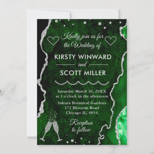 Groen en zilver Faux Glitter Agate Marble Wedding Kaart (Voorkant)