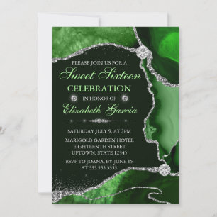 Groen en Zilver Faux Glitter Agate Sweet Sixteen Kaart