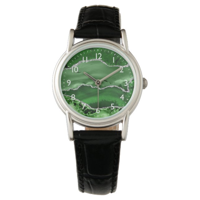 Groen en Zilver Faux Glitter Marble Agate Horloge (Voorkant)