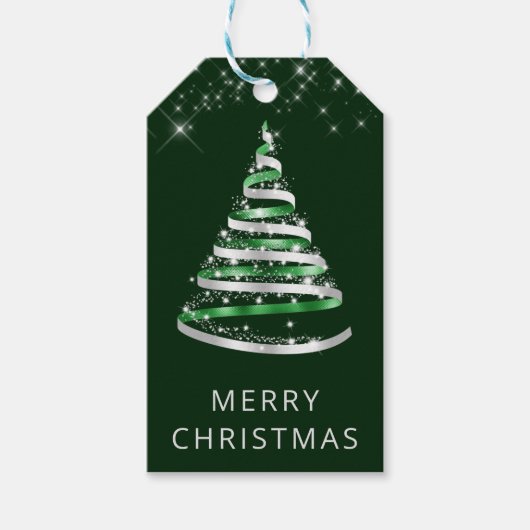 Groen en Zilver lint & Glitter Kerstboom Cadeaulabel (Voorkant)