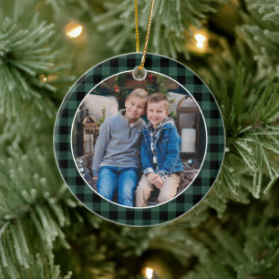 Groen en Zwart Buffalo Plaid Aangepaste Kerst Foto Keramisch Ornament