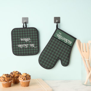 Groen en Zwart Buffel Plaid Grillmaster Papa Ovenwant & Pannenlap Set