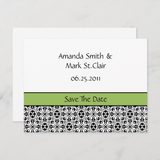 Groen en zwart Damast Save The Date Aankondigingskaart (Voorkant / Achterkant)
