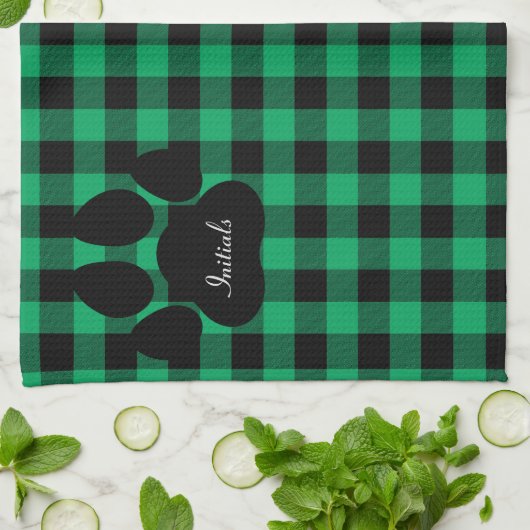 Groen en zwart geruite paw print keukenhanddoek (Gevouwen)