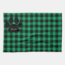 Groen en zwart geruite paw print keukenhanddoek