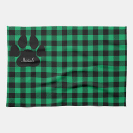 Groen en zwart geruite paw print keukenhanddoek