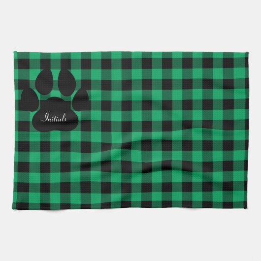Groen en zwart geruite paw print keukenhanddoek (Horizontaal)