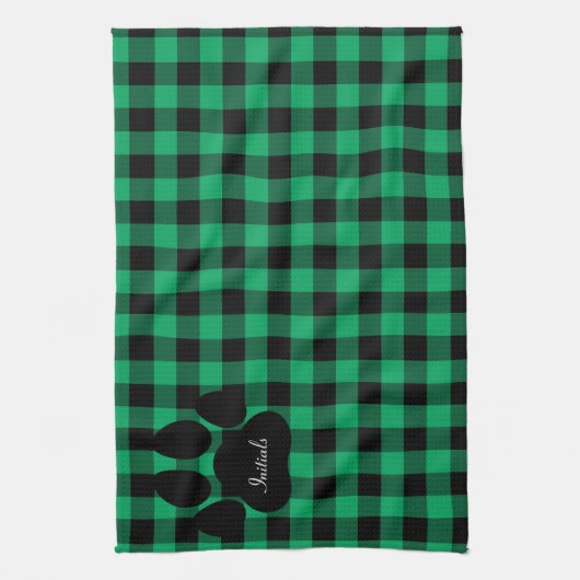 Groen en zwart geruite paw print keukenhanddoek (Verticaal)