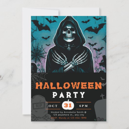 Groen en Zwart Grim Reaper Skelet Halloween Kaart (Voorkant)