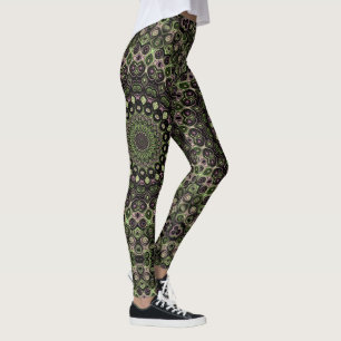 Groen en zwart Kaleidoscoop Mandala Patroon Leggings