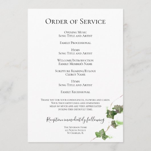 Groen Engels Ivy Vine Waterverf Begrafenisdienst Programma (Achterkant)