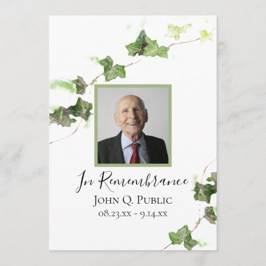 Groen Engels Ivy Vine Waterverf Begrafenisdienst Programma (Voorkant)