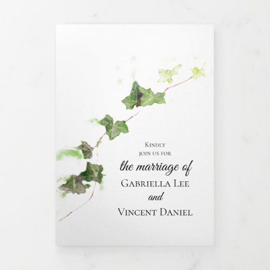 Groen Engels Ivy Vine Waterverf Wedding Tri-Fold Drieluik Uitnodiging (Cover)