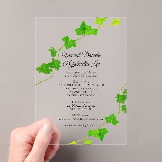Groen Engels Ivy Vine Wedding Acryl Uitnodigingen (Insitu (Draagbaar))