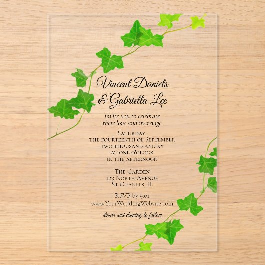 Groen Engels Ivy Vine Wedding Acryl Uitnodigingen (Voorkant)