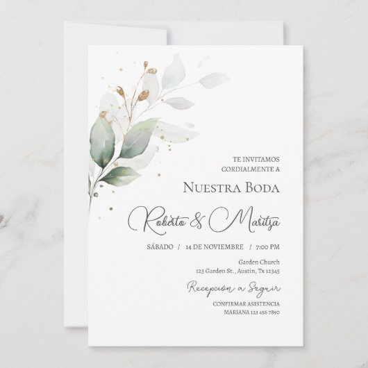Groen Eucalyptus Bruiloft uitnodigen in het Spaans Kaart (Voorkant)