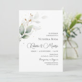 Groen Eucalyptus Bruiloft uitnodigen in het Spaans Kaart (Staand voorkant)