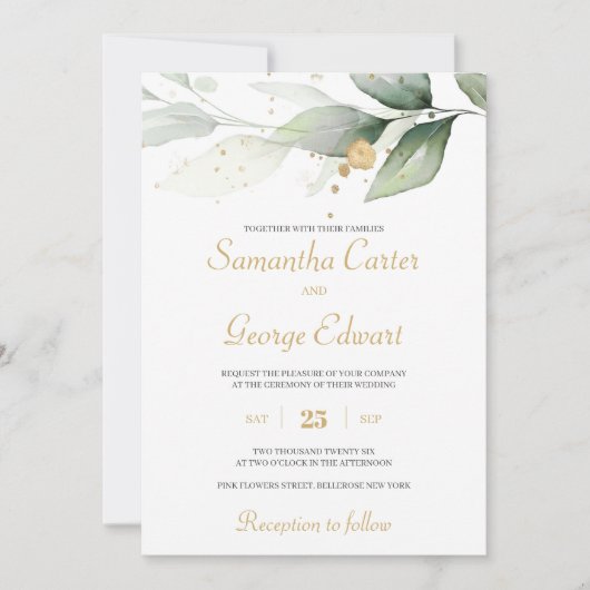 Groen eucalyptus en goud spatten boho bruiloft kaart (Voorkant)