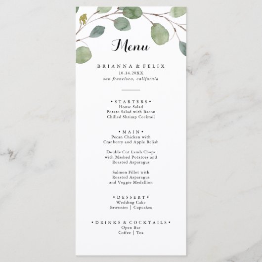 Groen Eucalyptus Foliage Kalligrafie Diner Menu (Voorkant)