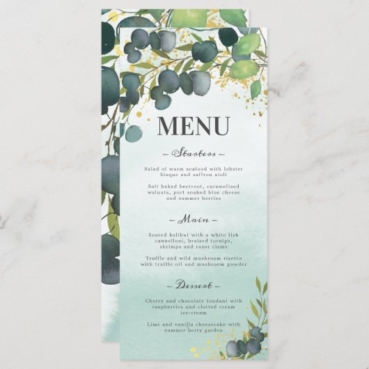 Groen Eucalyptus Goud Bruiloft Menu (Voorkant / Achterkant)