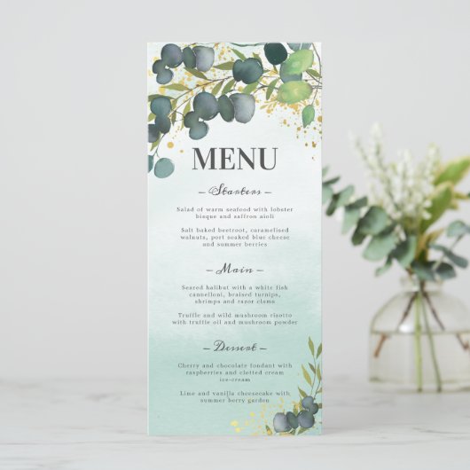 Groen Eucalyptus Goud Bruiloft Menu (Staand voorkant)