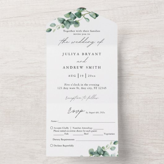 Groen Eucalyptus in wit script bruiloft All In One Uitnodiging (Binnen)