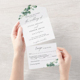 Groen Eucalyptus in wit script bruiloft All In One Uitnodiging