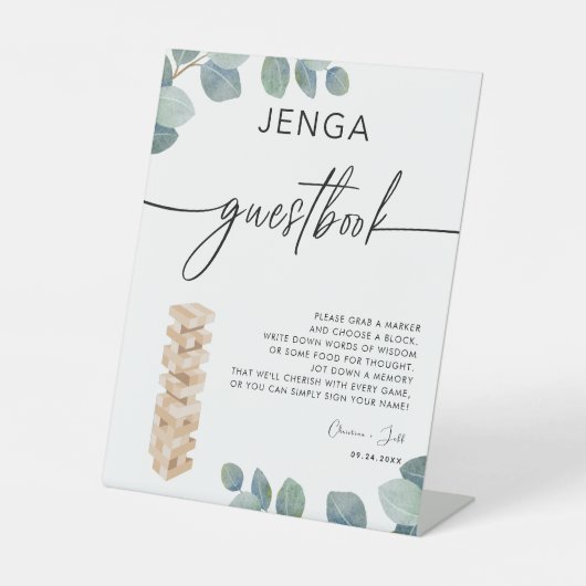 Groen Eucalyptus Jenga Gastenboek Trouwbord Reclamebord Met Voetstuk (Voorkant)