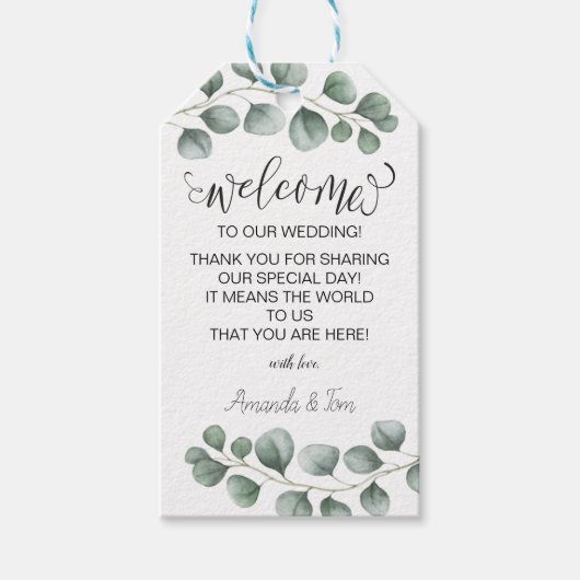 groen eucalyptus kalligrafie bruiloft welkom cadeaulabel (Voorkant)