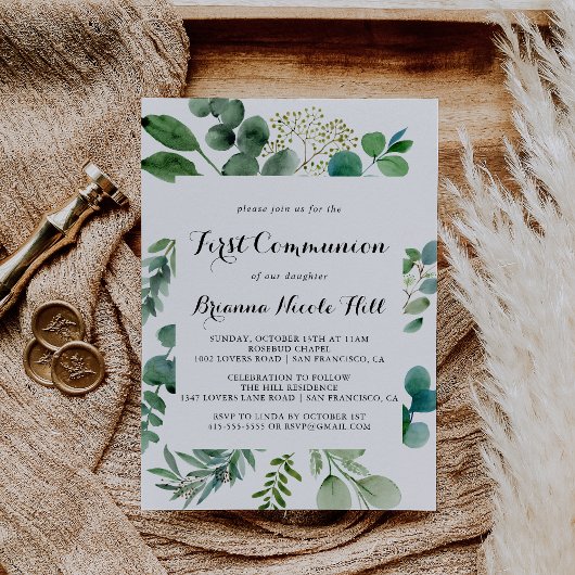 Groen Eucalyptus Kalligrafie Eerste Communie Kaart