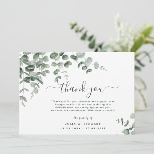groen eucalyptus moderne begrafenis dank u nota kaart (Staand voorkant)