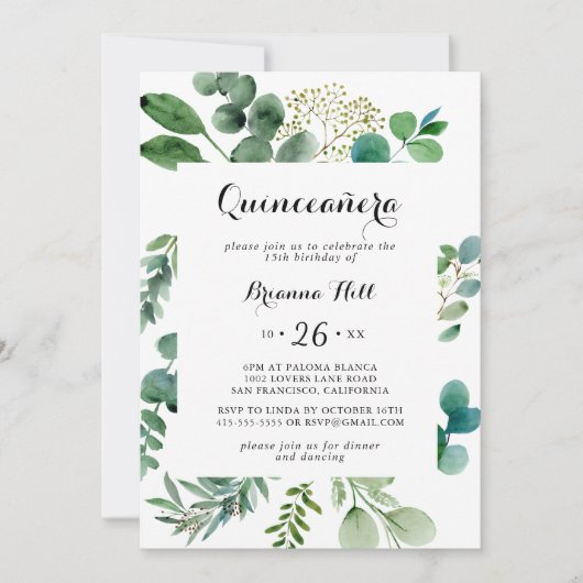 Groen Eucalyptus Moderne kalligrafie Quinceañera Kaart (Voorkant)
