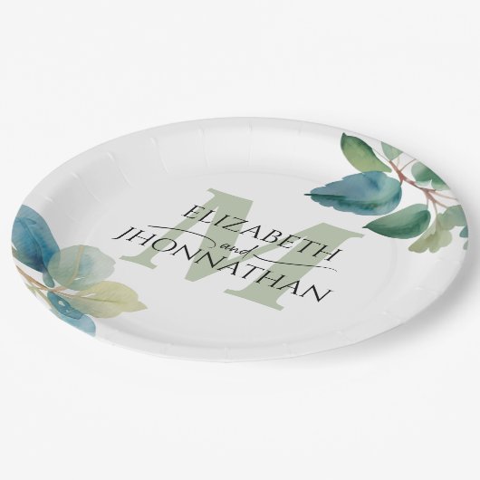 Groen eucalyptus monogram bruiloft papieren bordje (Gekanteld)