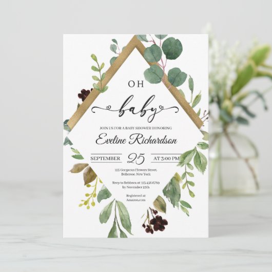 Groen eucalyptus nad goud folie moderne baby kaart (Staand voorkant)