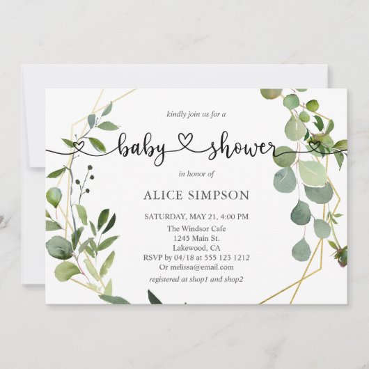 groen eucalyptus script hart Baby shower Kaart (Voorkant)