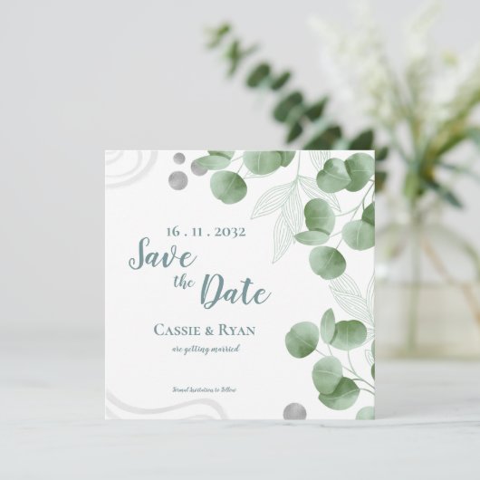Groen Eucalyptus verlaat bruiloft Save the Date (Staand voorkant)