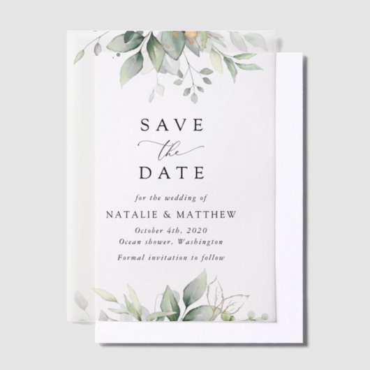 Groen, Eucalyptusbladeren, Botanische Bruiloft Vellum Uitnodigingen (Offset)