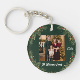 Groen Familie Foto Kerst Acrylaat Sleutelhanger