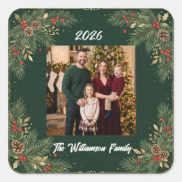 Groen Familie Foto Kerststicker Vierkante Sticker