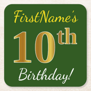 Groen, Faux Gold 10th Birthday + Eigen naam Vierkante Kartonnen Onderzetter
