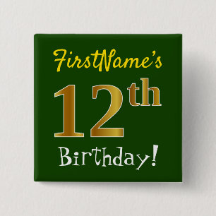 Groen, Faux Gold 12e verjaardag, met aangepaste na Vierkante Button 5,1 Cm
