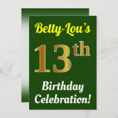 Groen, Faux Gold 13e verjaardag viering + naam Kaart (Voorkant / Achterkant)