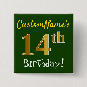 Groen, Faux Gold 14e verjaardag, met aangepaste na Vierkante Button 5,1 Cm