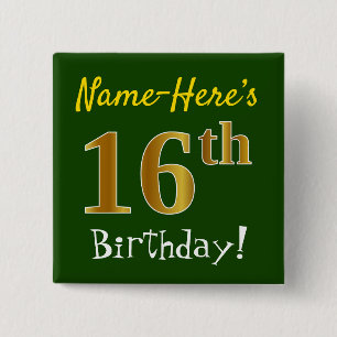 Groen, Faux Gold 16e verjaardag, met aangepaste na Vierkante Button 5,1 Cm
