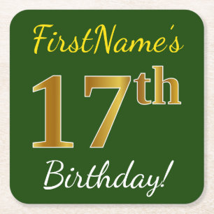 Groen, Faux Gold 17th Birthday + Eigen naam Vierkante Kartonnen Onderzetter