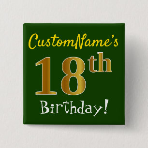 Groen, Faux Gold 18e verjaardag, met aangepaste na Vierkante Button 5,1 Cm