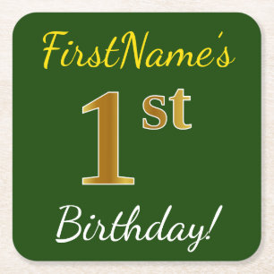 Groen, Faux Gold 1st Birthday + aangepaste naam Vierkante Kartonnen Onderzetter